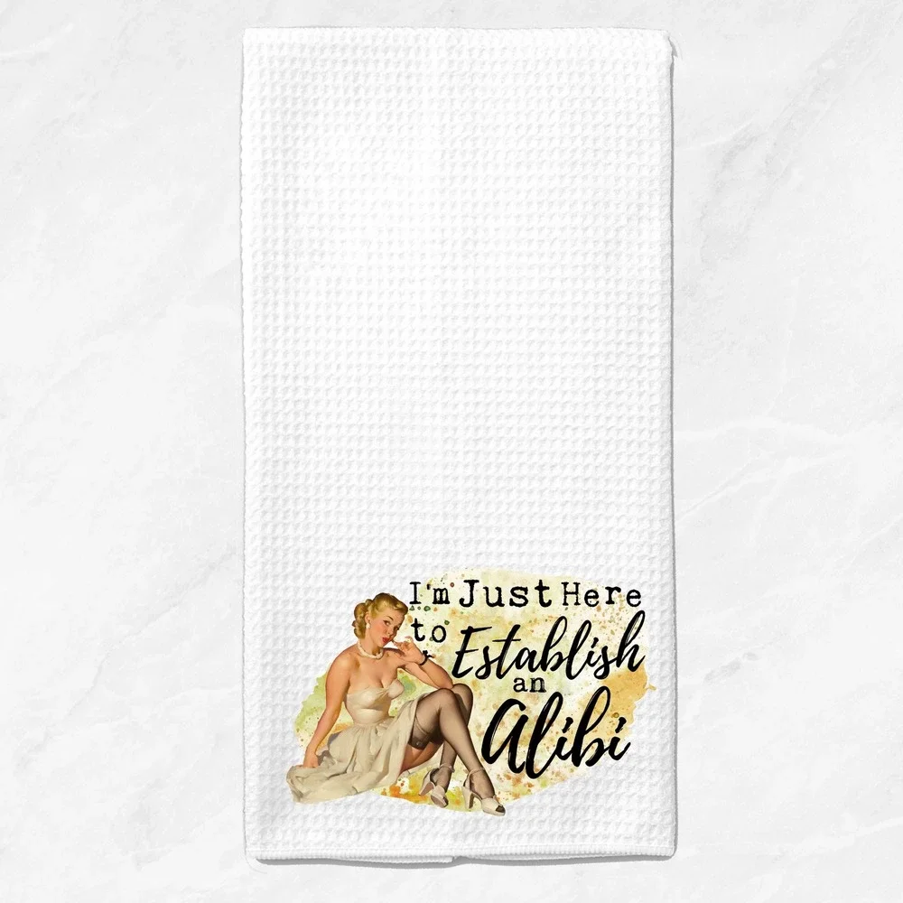 Vintage Pin Up Alibi Waffle Weave Kitchen Towel White Retro Hand Towel 16x24